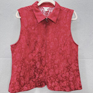 CJ Banks Red Tapestry Vest Size Large Gypsy Silky Damask Rose Floral Christmas